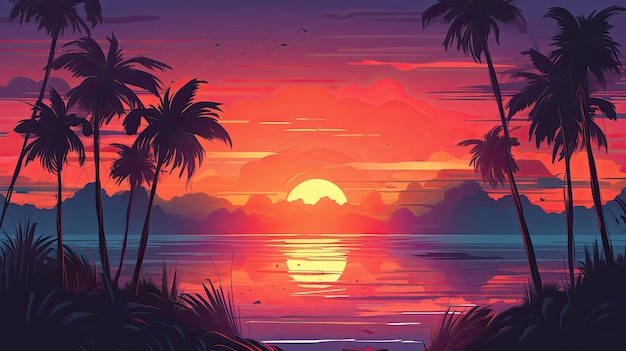 hermosa ilustración de puesta de sol con colores cálidos montañas lago y palmeras