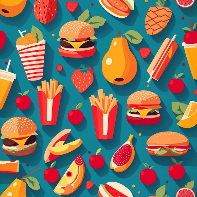 Hermosa ilustración vectorial colorida de un fondo de papel tapiz de alimentos sin costuras