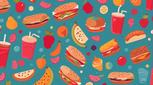 Hermosa ilustración vectorial colorida de un fondo de papel tapiz de alimentos sin costuras