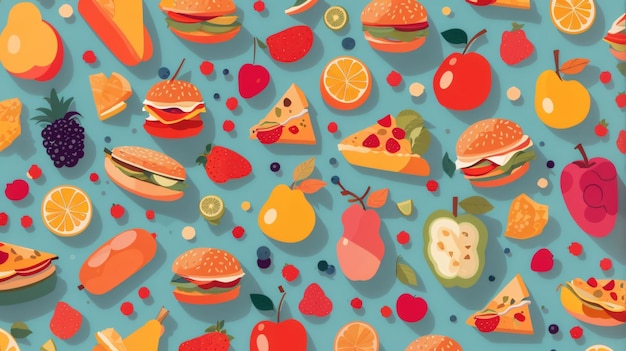 Hermosa ilustración vectorial colorida de un fondo de papel tapiz de alimentos sin costuras