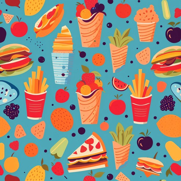 Hermosa ilustración vectorial colorida de un fondo de papel tapiz de alimentos sin costuras