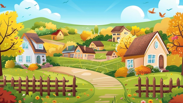 Foto una hermosa ilustración vectorial de un pequeño pueblo en otoño las casas son de diferentes colores y estilos y los árboles están en plena floración