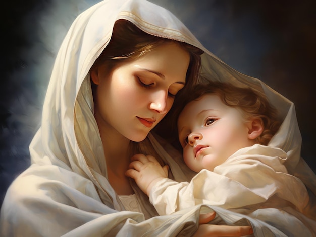 Hermosa ilustración de la Virgen María con su pequeño hijo Jesús