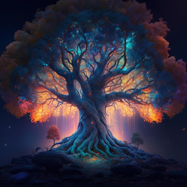 Hermosa imagen de árbol colorido gigante hd luces LED surrealistas IA generativa