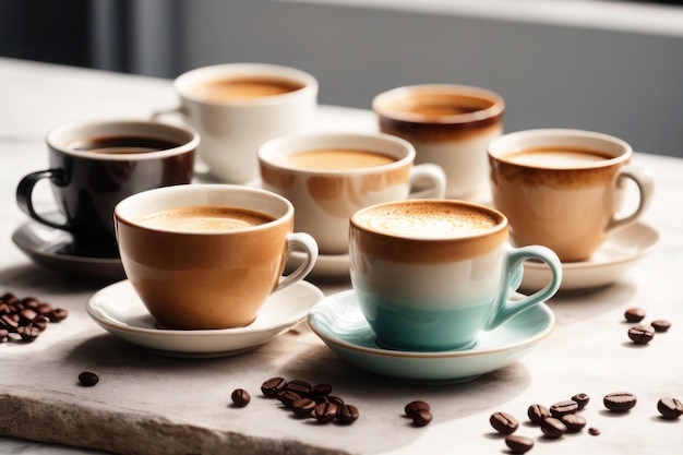 Una hermosa imagen para las cafeterías tazas de café de diferentes formas y colores de pie en la mesa
