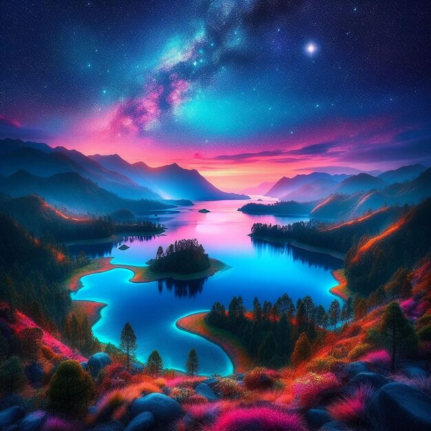 Una hermosa imagen de un cielo estrellado con un lago o un río pintado de colores vibrantes