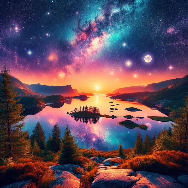 Una hermosa imagen de un cielo estrellado con un lago o un río pintado de colores vibrantes