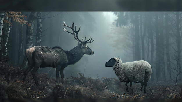 Una hermosa imagen de un ciervo y una oveja de pie en un bosque de niebla Los animales se están mirando el uno al otro