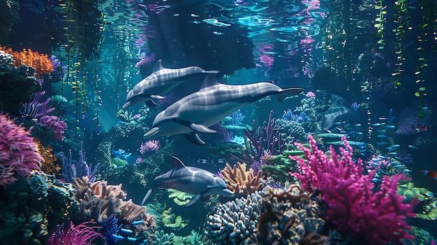 Una hermosa imagen de delfines nadando en un arrecife de coral Los delfines son graciosos y juguetones y el arrecifo de coral está lleno de colores vibrantes