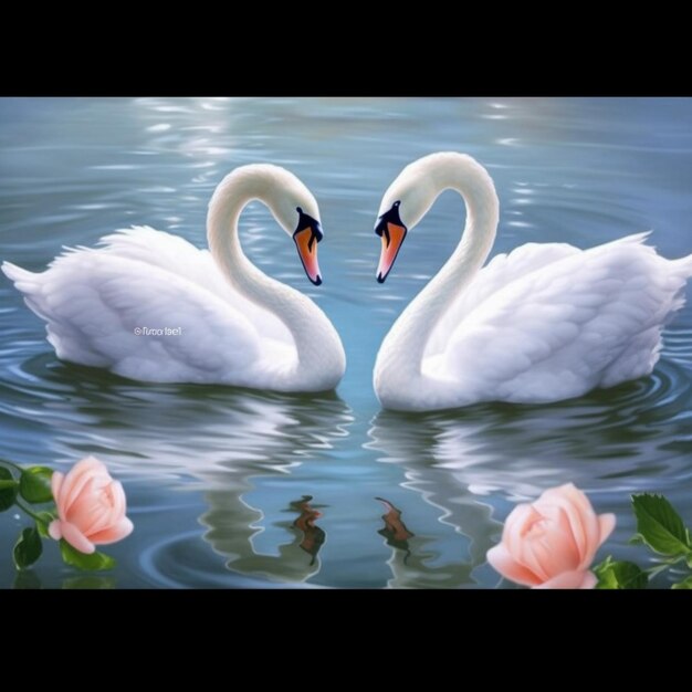 Hermosa imagen en forma de corazón de amor verdadero de dos pájaros cisne mudo blanco Arte generado por IA