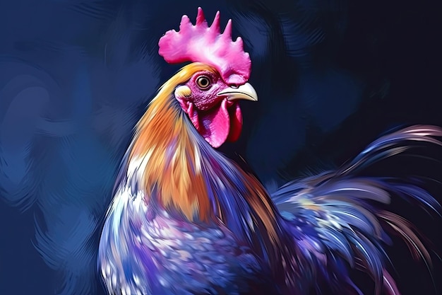 Una hermosa imagen de un hermoso gallo en tonos de violeta claro y azul oscuro que se asemeja a una pintura IA generativa
