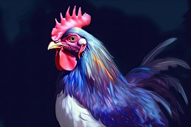 Una hermosa imagen de un hermoso gallo en tonos de violeta claro y azul oscuro que se asemeja a una pintura IA generativa