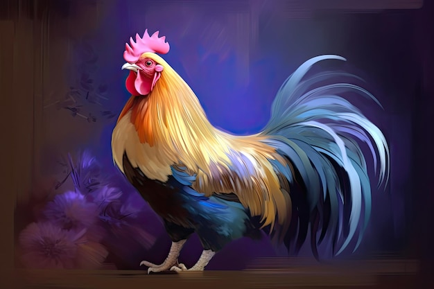 Una hermosa imagen de un hermoso gallo en tonos de violeta claro y azul oscuro que se asemeja a una pintura IA generativa