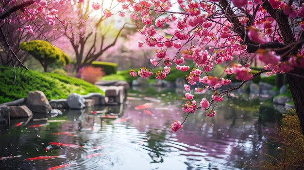 Foto una hermosa imagen de un jardín japonés con un estanque de cerezos en flor y peces koi rojos