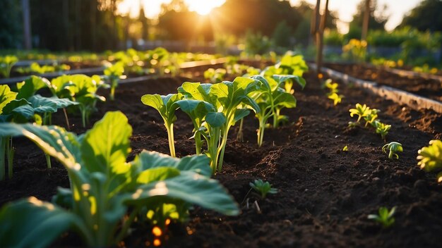 Una hermosa imagen matutina en la hora dorada de un jardín de verduras que acaba de ser plantado con el goteo debido