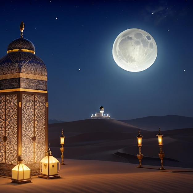 hermosa imagen de la mezquita en el desierto noche de luna de ramadán