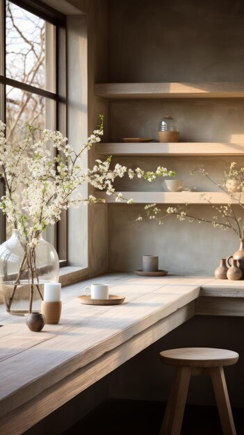 Una hermosa imagen de naturaleza muerta de un jarrón de flores blancas en una mesa de madera