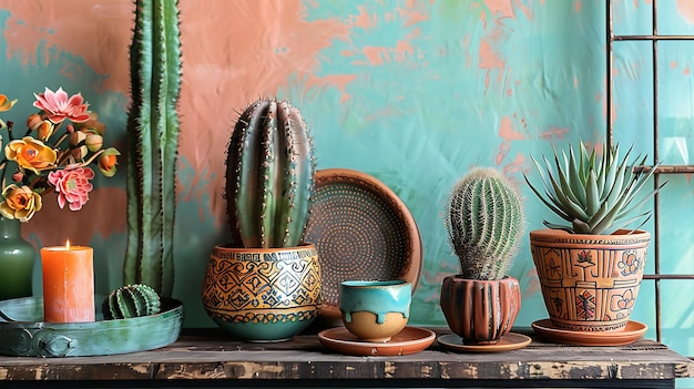 Una hermosa imagen de naturaleza muerta de una variedad de cactus y suculentas en ollas en un estante de madera contra un fondo colorido