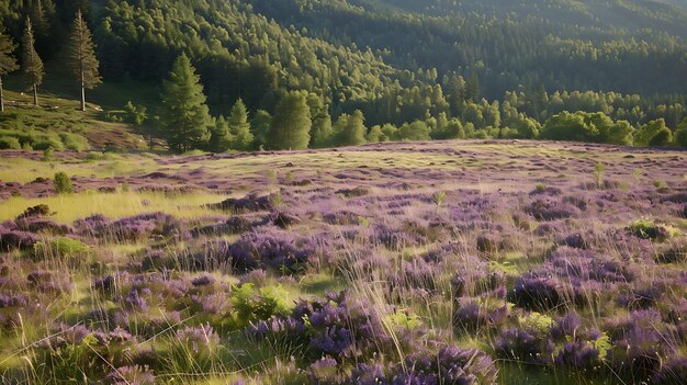 Una hermosa imagen de paisaje de un campo de brezo púrpura en flor El brezo está en primer plano con un bosque de árboles verdes detrás de él