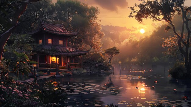 Una hermosa imagen de paisaje de una casa tradicional china junto al lago