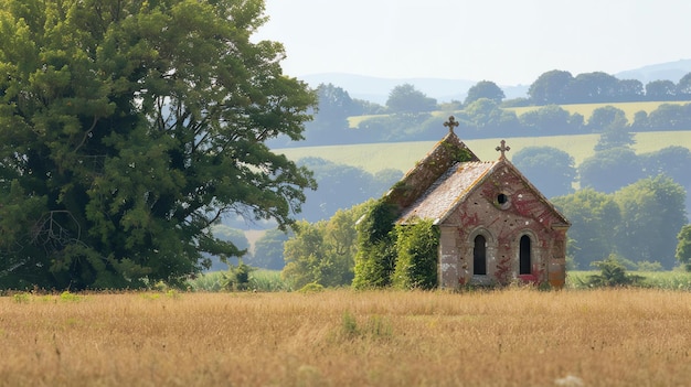 Foto una hermosa imagen de paisaje de una pequeña iglesia abandonada en un campo rural la iglesia está hecha de piedra con un techo rojo