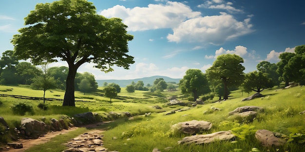 Una hermosa imagen de paisaje de un sendero de piedra que conduce a un gran árbol en las montañas