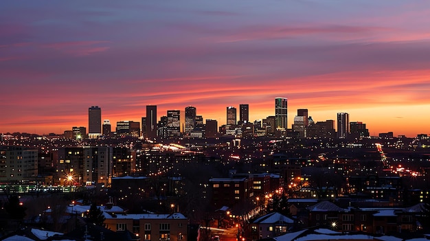 Una hermosa imagen del paisaje urbano de un centro de la ciudad con rascacielos y un cielo vibrante al atardecer