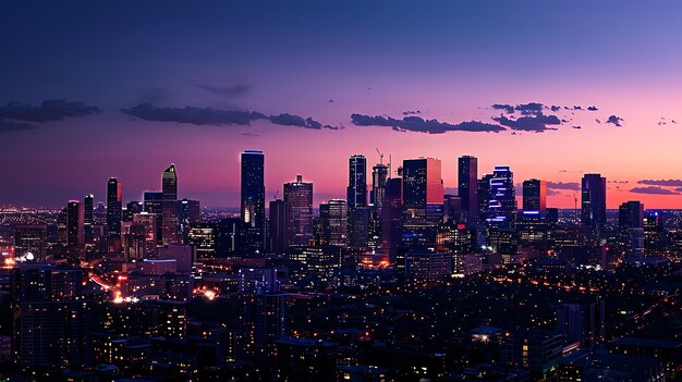 Foto una hermosa imagen del paisaje urbano de una ciudad moderna por la noche el cielo es de un color púrpura profundo y las luces de la ciudad se reflejan en el agua