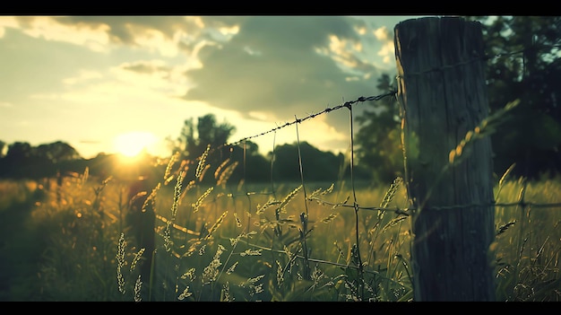 Foto una hermosa imagen de paisaje de una valla de alambre de púas en un campo rural al atardecer