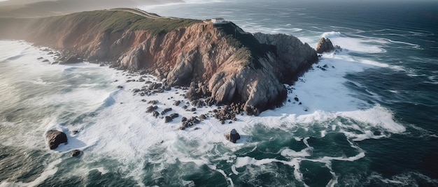 Una hermosa imagen de una playa rocosa con un acantilado desde arribaVista aérea Toma panorámica IA generativa