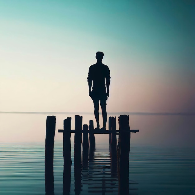 Hermosa imagen de una silueta masculina de pie sobre los pilotes de madera en el agua