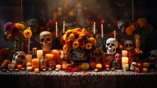 Hermosa imagen de tema de calavera floral para el Día de Muertos generada por Ai