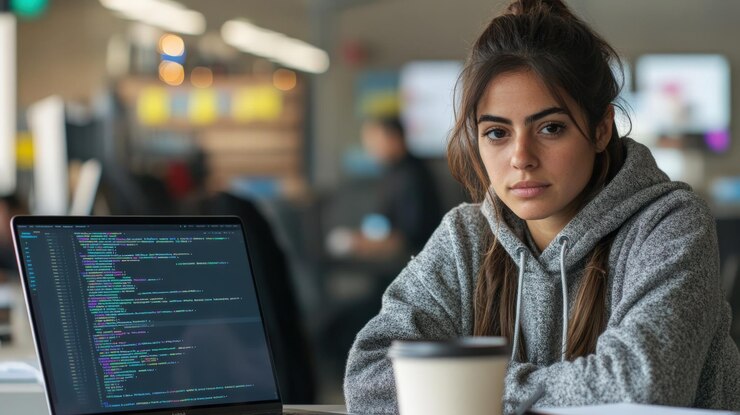 Foto una hermosa ingeniera de software con una sudadera casual trabajando en una computadora portátil en un espacio de coworking ella mira atentamente a la pantalla con café y un cuaderno en el escritorio