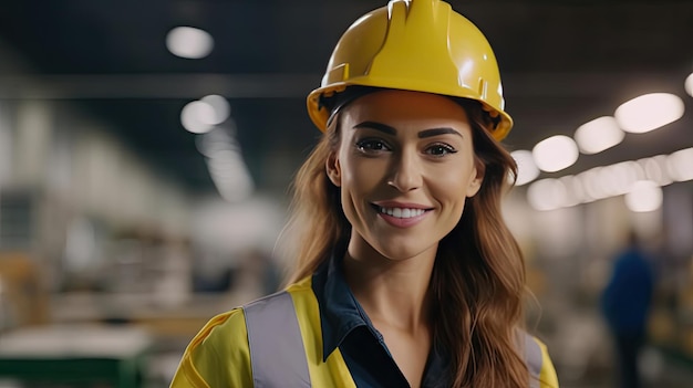 Una hermosa ingeniera sonriente en cámara con chaleco de seguridad y casco profesional mujer que trabaja en la fábrica de fabricación modernaGenerative Ai