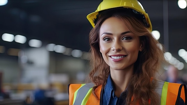 Una hermosa ingeniera sonriente en cámara con chaleco de seguridad y casco profesional mujer que trabaja en la fábrica de fabricación modernaGenerative Ai