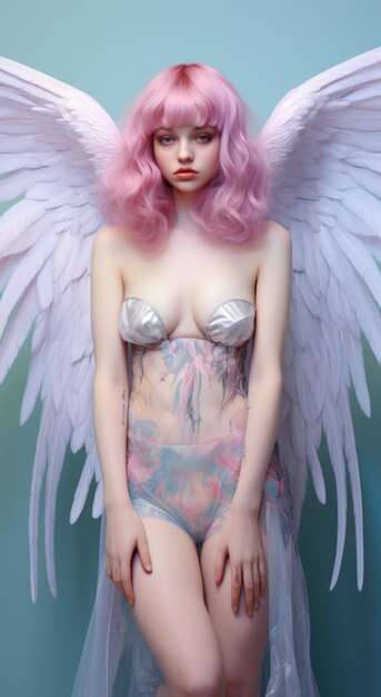 Una hermosa y inocente niña tierna ángel un arcángel con ropa de seda se encuentra en la entrada al cielo