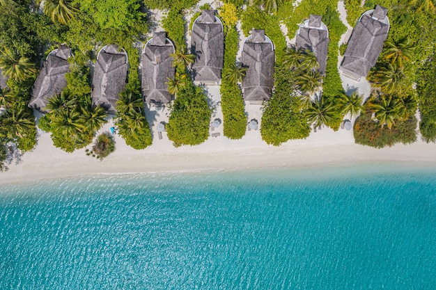 Hermosa isla de atolón en villas aéreas de agua de Maldivas. Tranquilo paisaje tropical y marino