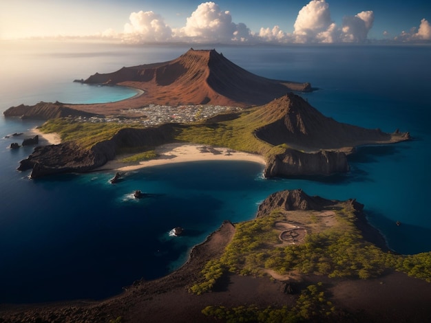 Una hermosa isla con una playa y montañas en el fondo.