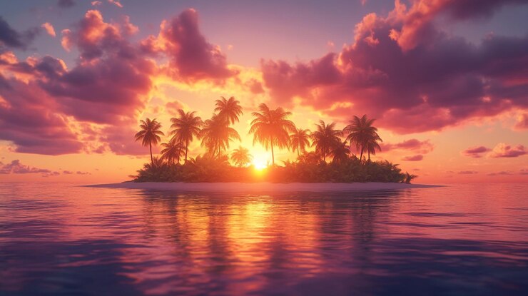 Una hermosa isla tropical al atardecer con palmeras que se reflejan en las tranquilas aguas del océano
