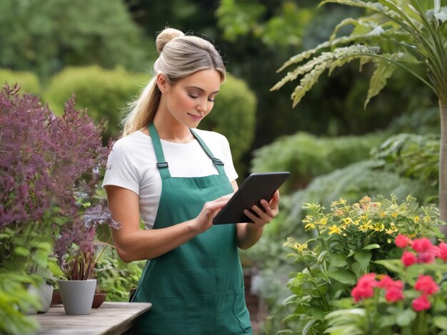 Foto la hermosa jardinera chequeando su tableta