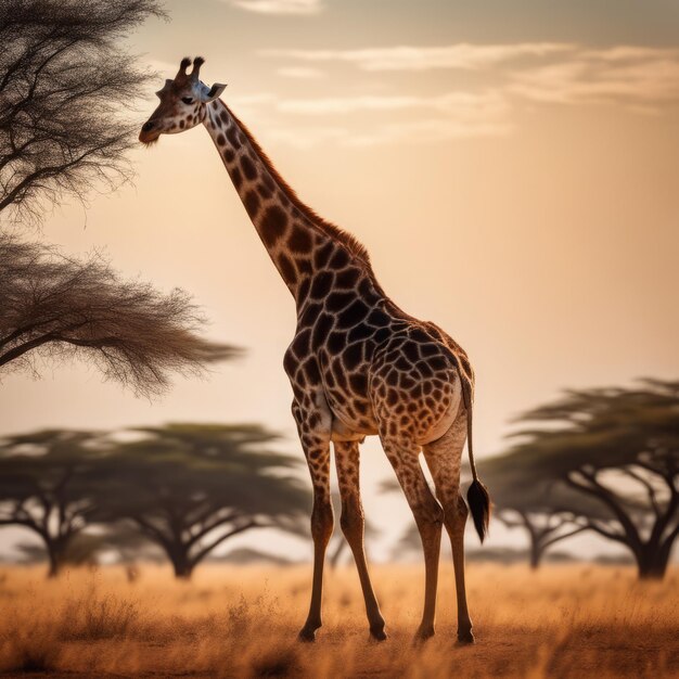 una hermosa jirafa está de pie en la hierba una hermosa girafa está de pié en la girafa de la hierba en la sabana