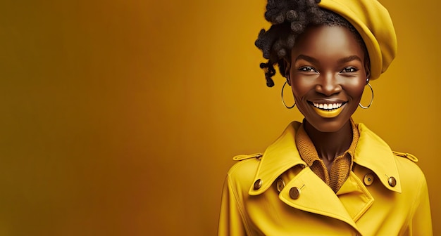 Hermosa joven africana con ropa de moda sobre fondo amarillo aislado IA generativa