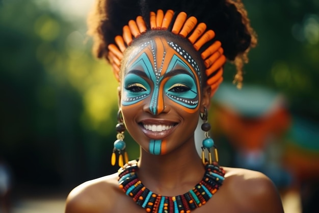 Hermosa joven africana sonriendo arte étnico con maquillaje tribal en su rostro