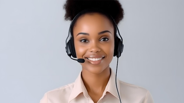 Hermosa joven afroamericana operadora de centro de llamadas usando auriculares con micrófono