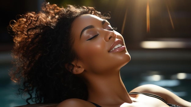 Hermosa joven afroamericana relajándose en la piscina