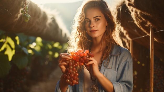 Hermosa joven con anillos mira a la cámara de pie y examinando las uvas en una granja