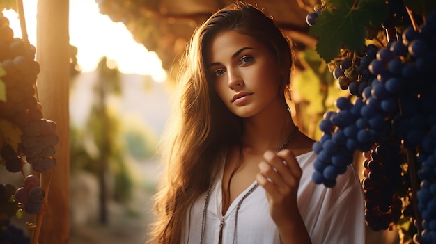 Foto hermosa joven con anillos mira a la cámara de pie y examinando las uvas en una granja