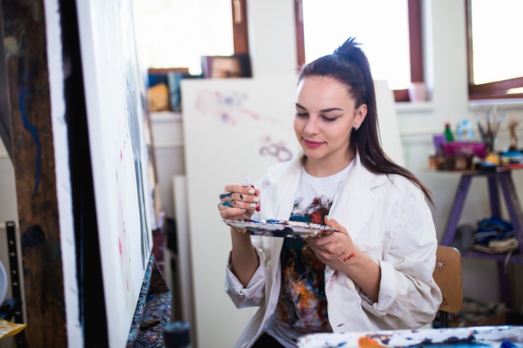Foto hermosa joven artista trabajando en pintura en estudio