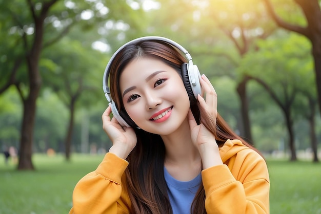 Una hermosa joven asiática disfruta escuchando música con auriculares sintiéndose feliz y relajada en el parque
