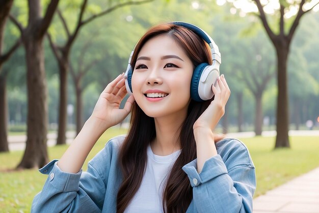 Una hermosa joven asiática disfruta escuchando música con auriculares sintiéndose feliz y relajada en el parque